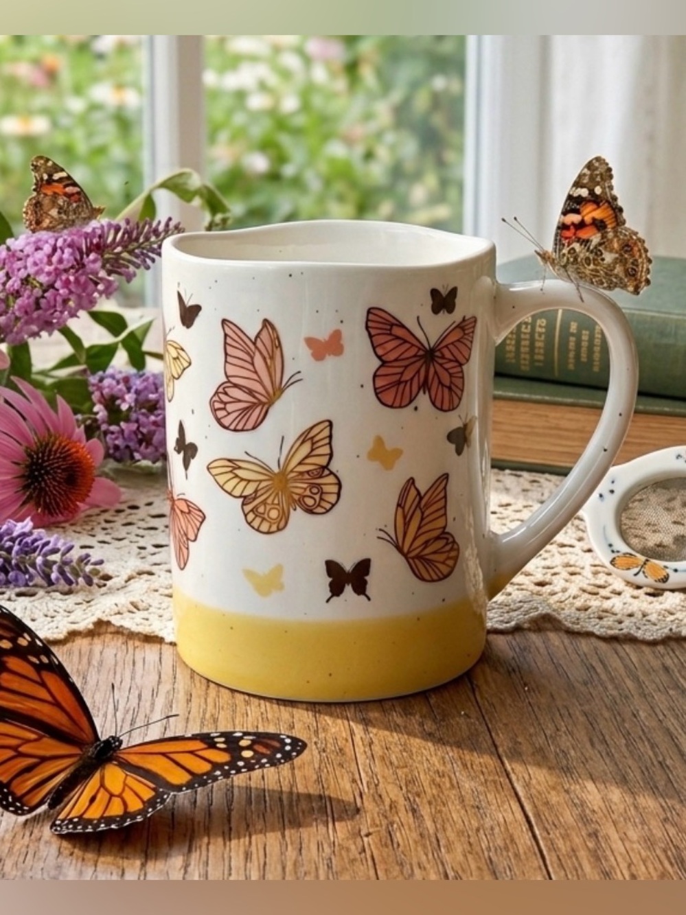 Seeds & Sunshine Large Coffee Mug Gold Trim Pink And Yellow Butterflies 16oz